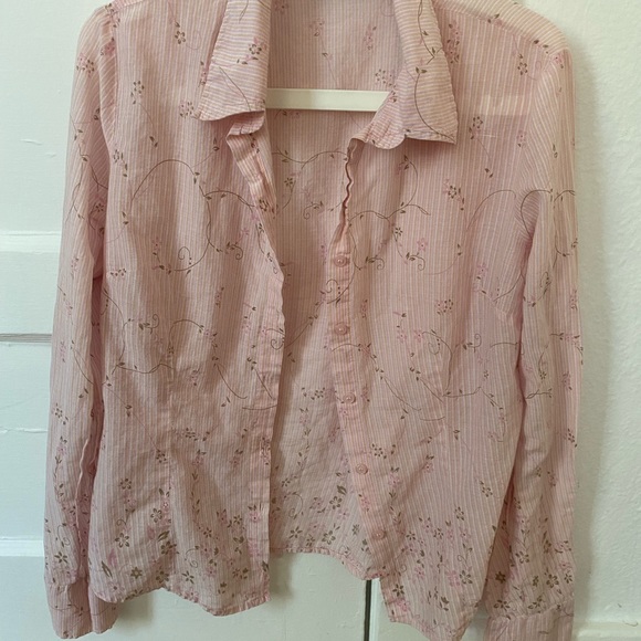 Vintage Sheer Y2K Floral and Stripped Pink Button Down - Picture 5 of 8
